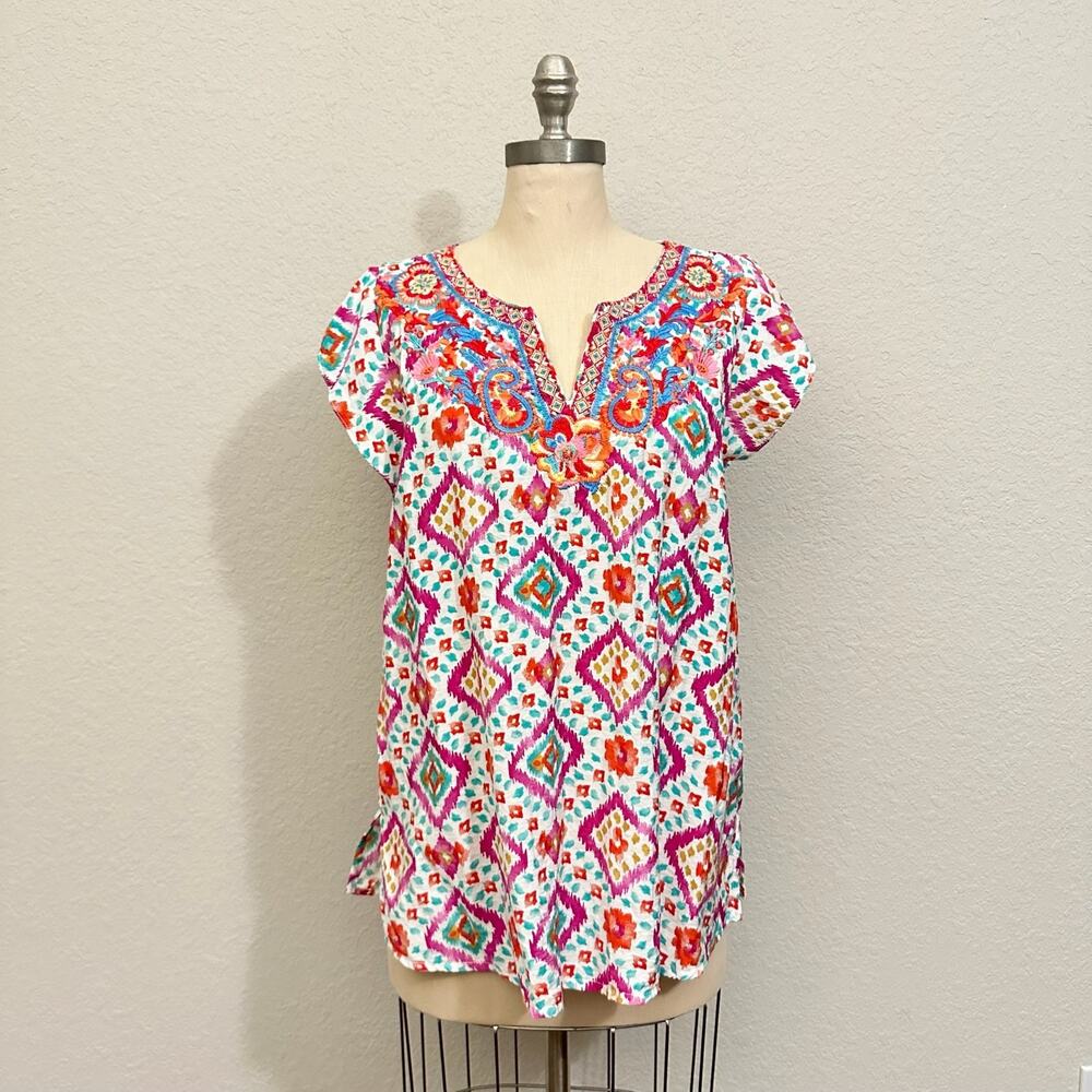 SAVANNA JANE Blouse Multi Floral Embroidered Short Sleeve Hippie Boho